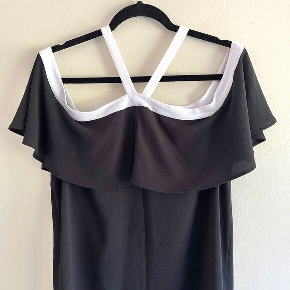 Vince Camuto Off Shoulders Black Top Womens Size M White Bow Halter Neck Flutter - Picture 5 of 8